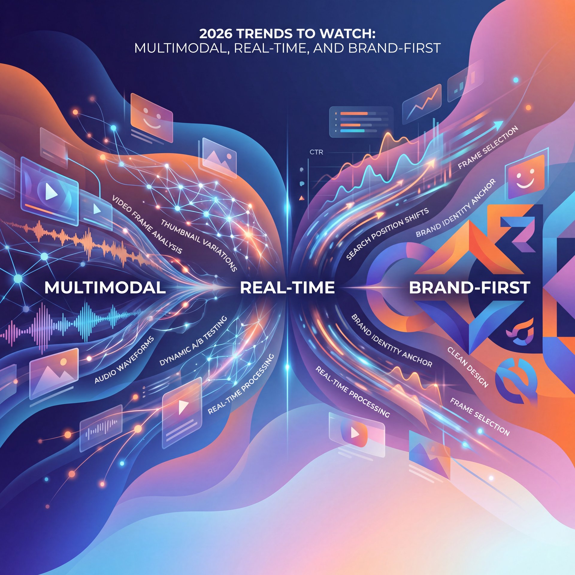Illustration showing 2026 trends to watch: multimodal, real-time  and  brand-first