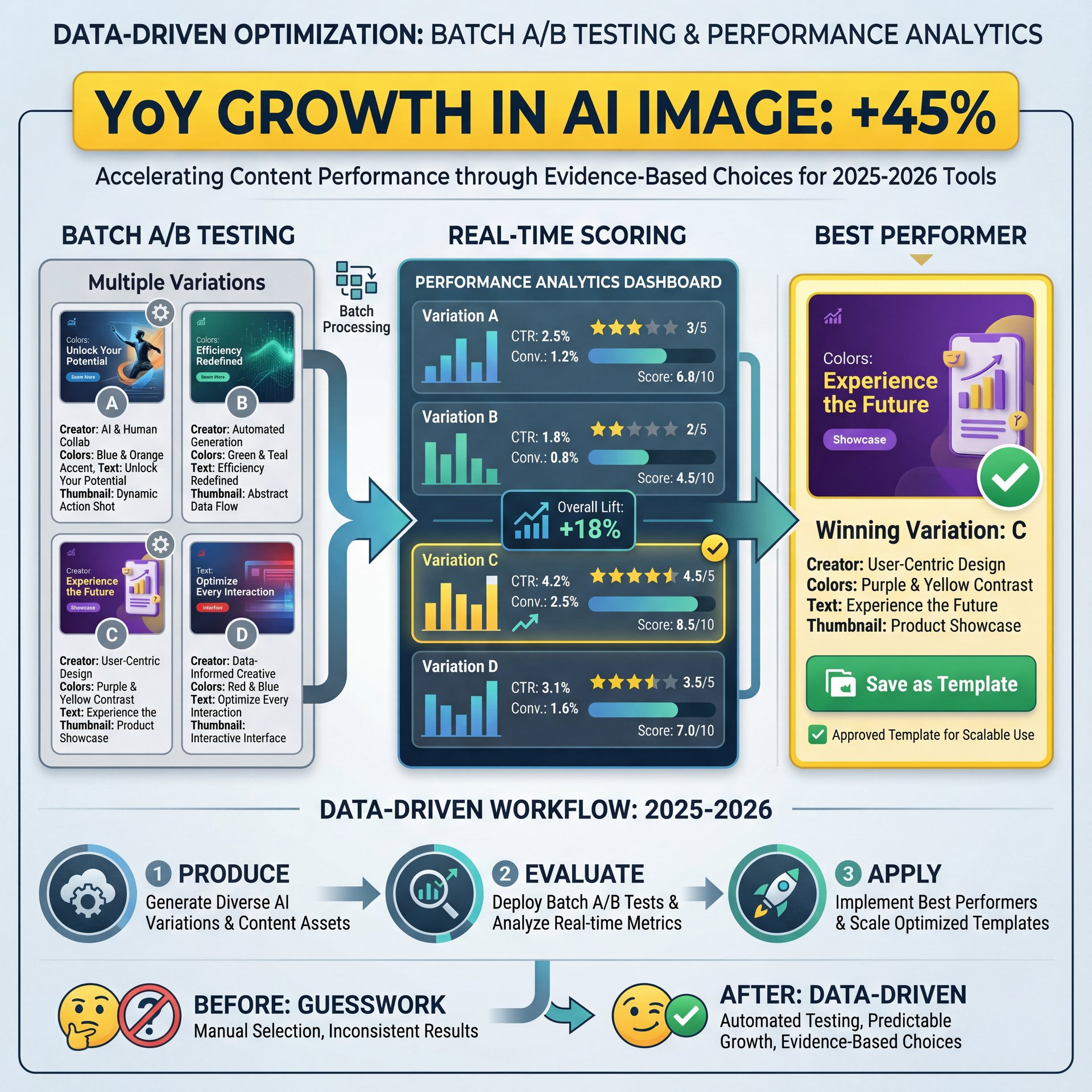 Illustration showing Data-driven optimization: batch A/B testing and performance analytics