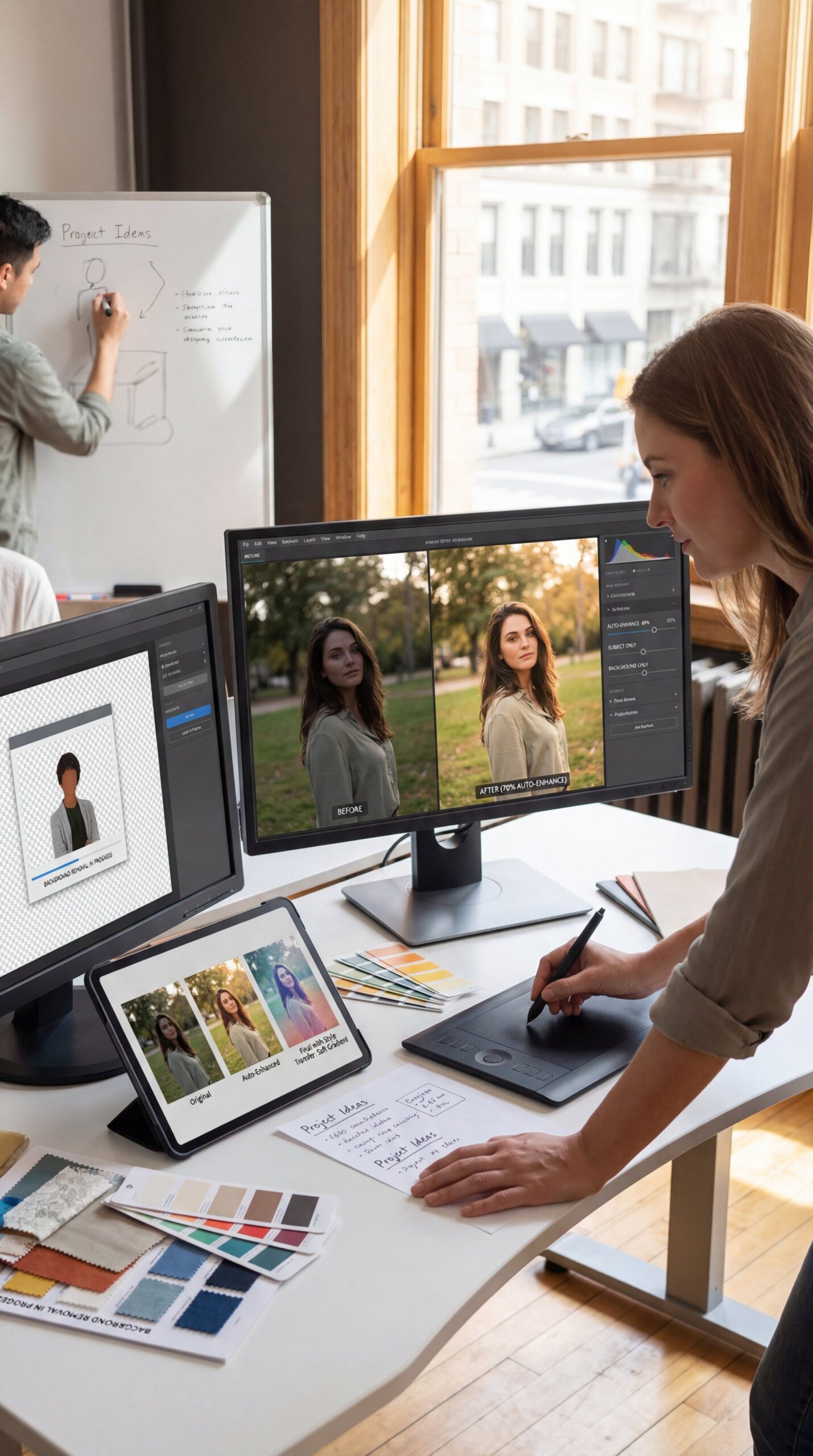 Illustration showing Smart Enhancements: Auto-Enhance, Background Removal, and Style Transfer