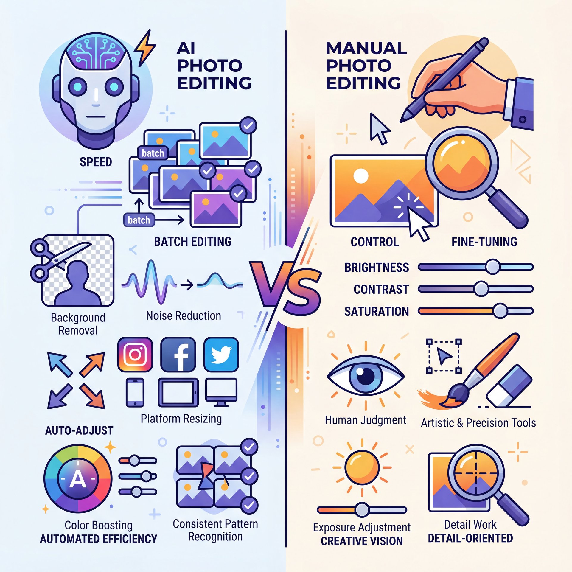 Illustration showing What Are You Trading in AI vs Manual Photo Editing?