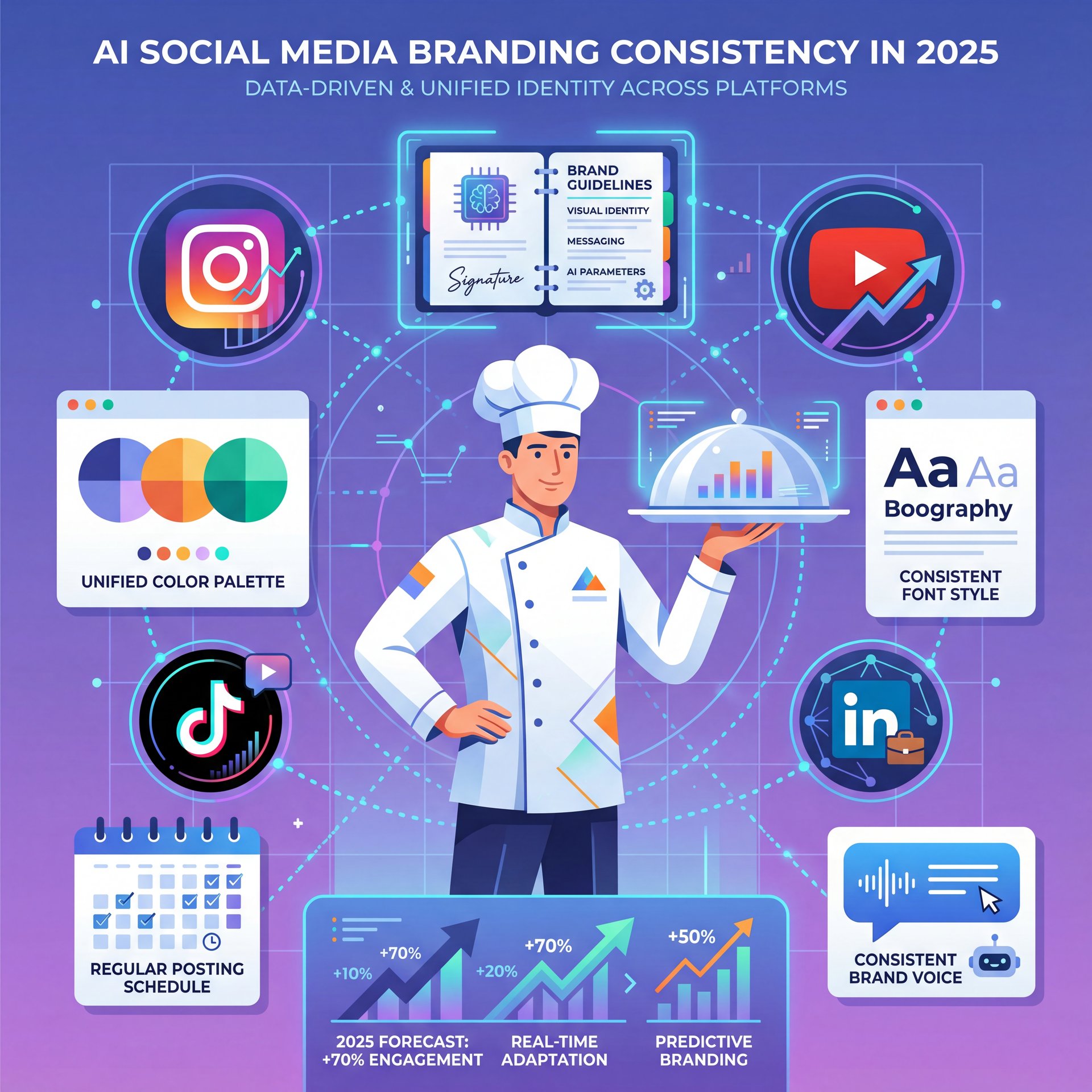 Illustration showing What is AI social media branding consistency in 2025? Major difference.