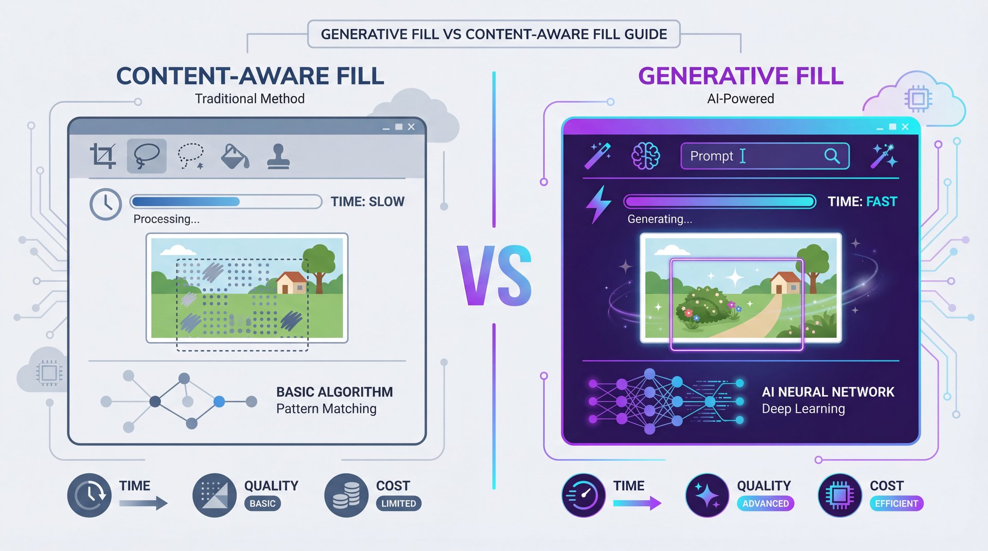 Generative Fill vs Content-Aware Fill Guide - generative layers, firefly credits, prompt-driven editing guide