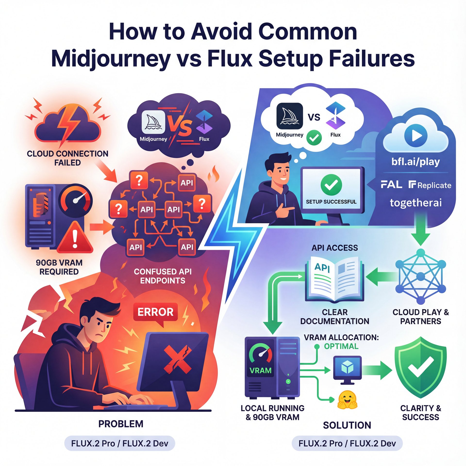 Illustration showing How to Avoid Common Midjourney vs Flux Setup Failures