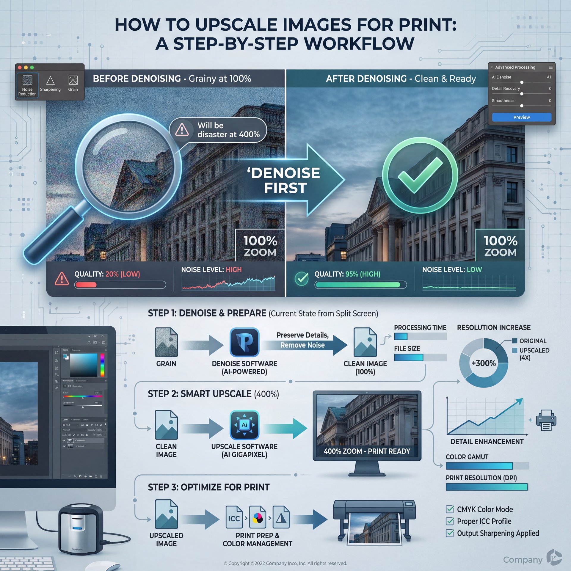 Illustration showing How to Upscale Images for Print: A Step-by-Step Workflow