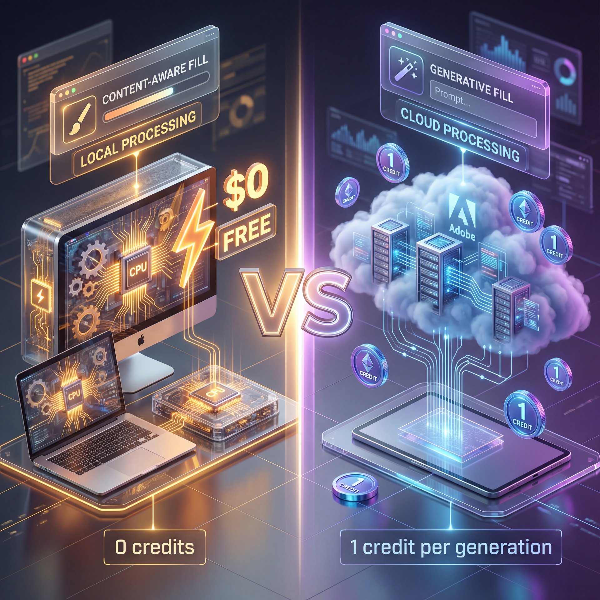 Illustration showing Managing Credits: Generative Fill vs Content-Aware Fill Costs