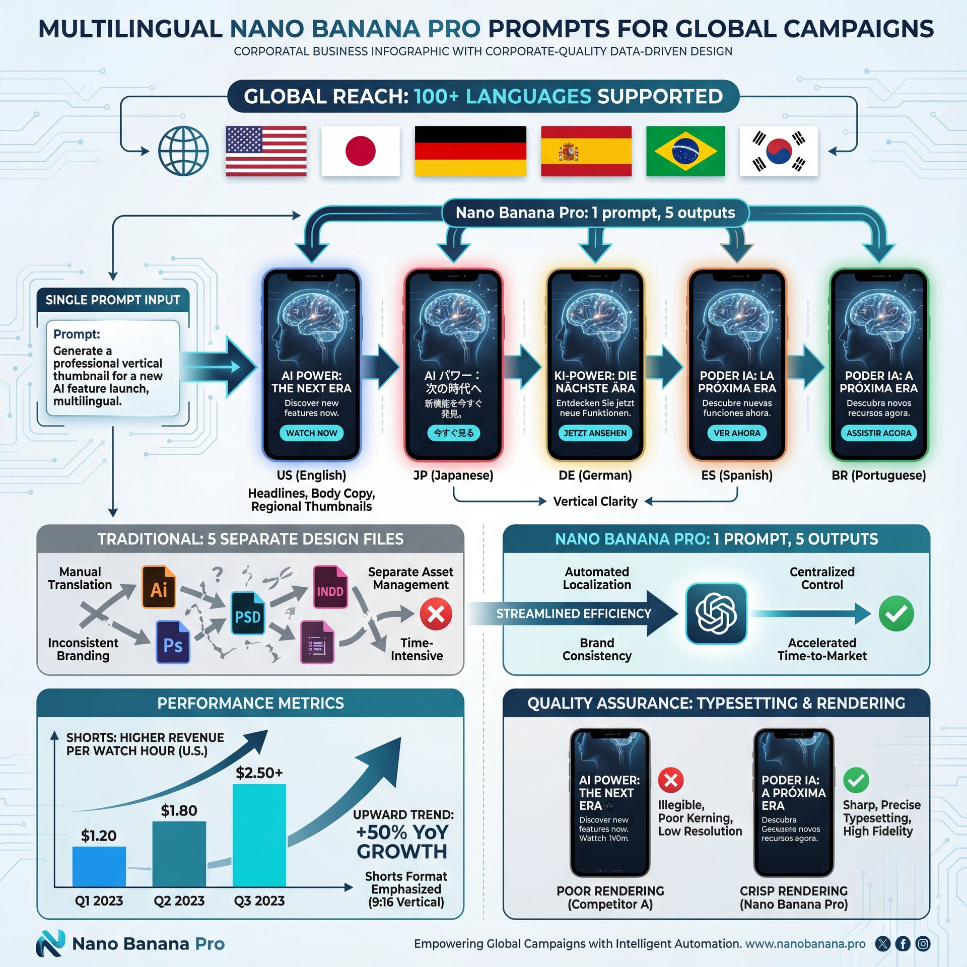 Illustration showing Multilingual Nano Banana Pro prompts for global campaigns