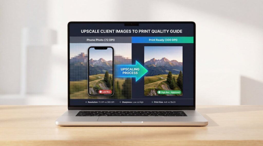 Upscale Client Images to Print Quality Guide - resolution enhancement, DPI requirements, print-ready files guide