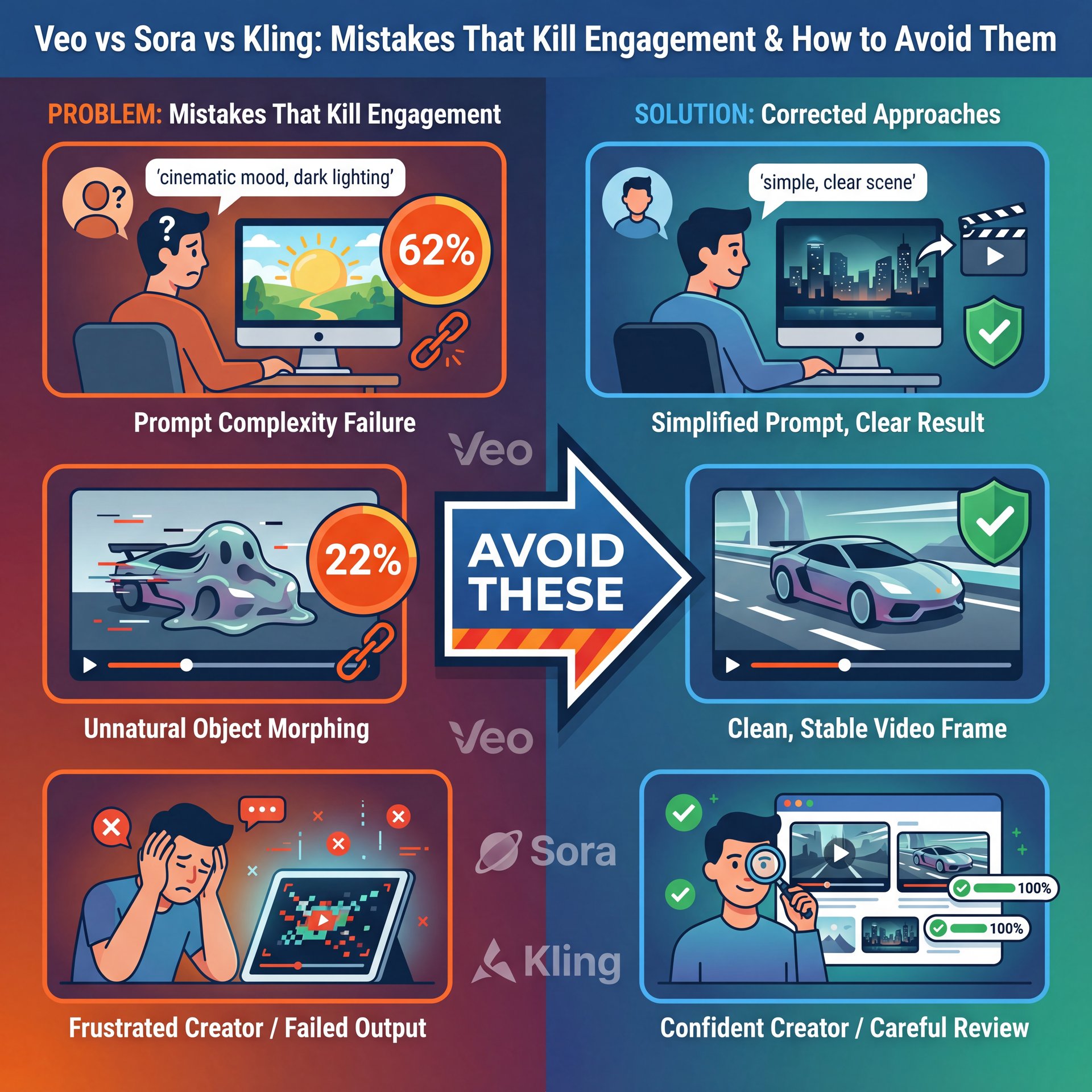 Illustration showing Veo vs Sora vs Kling Mistakes That Kill Engagement