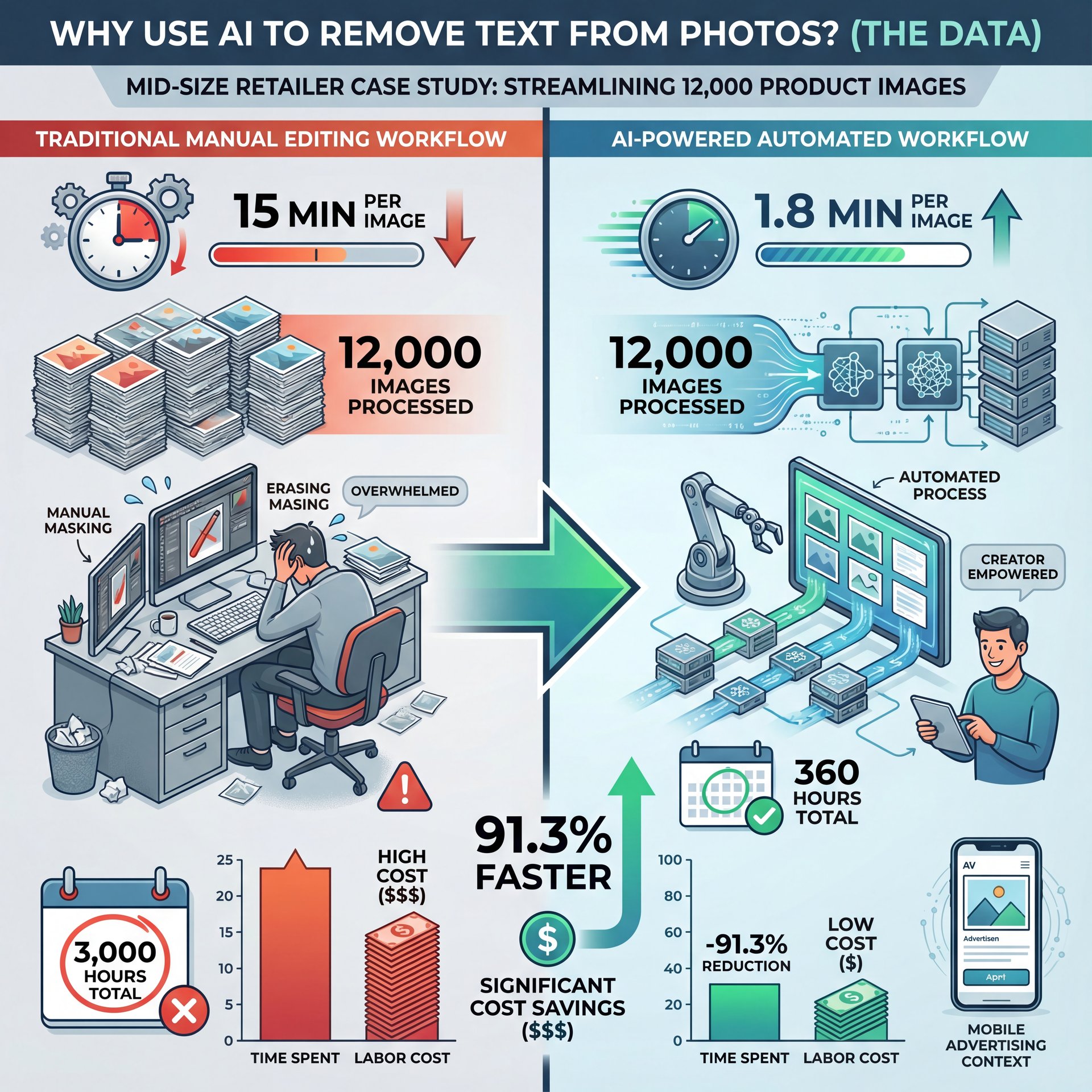 Illustration showing Why Use AI to Remove Text from Photos? (The Data)