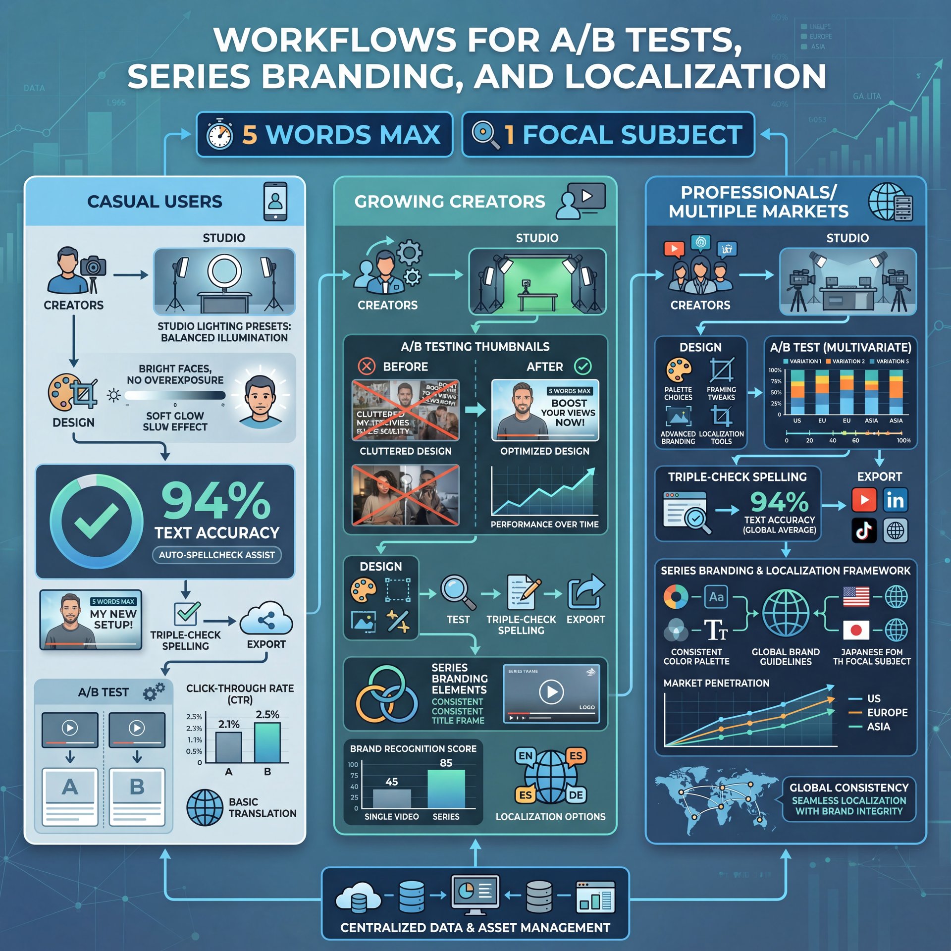 Illustration showing Workflows for A/B Tests, Series Branding, and Localization