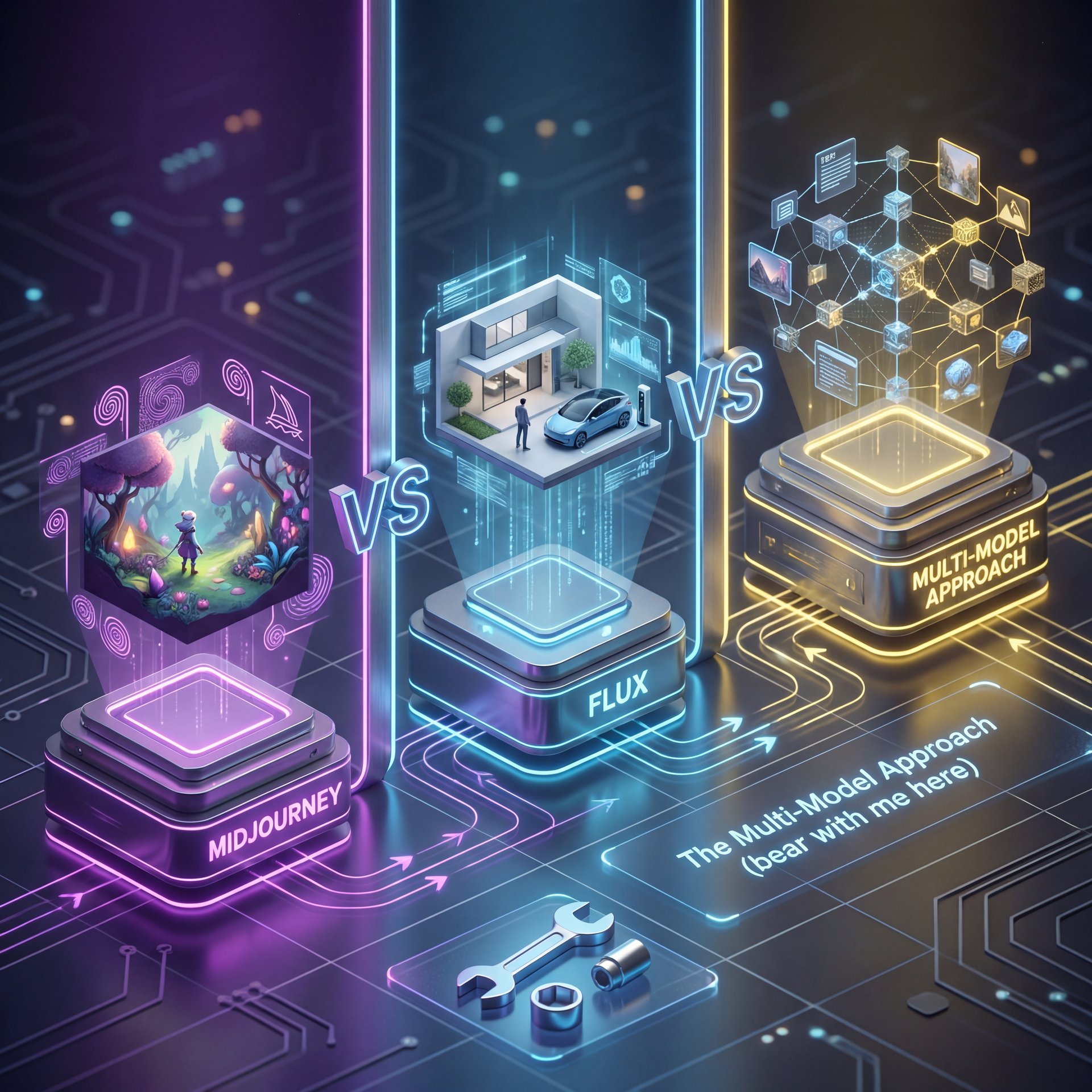 Illustration showing Midjourney vs Flux vs Alternatives: The Multi-Model Approach (bear with me here)