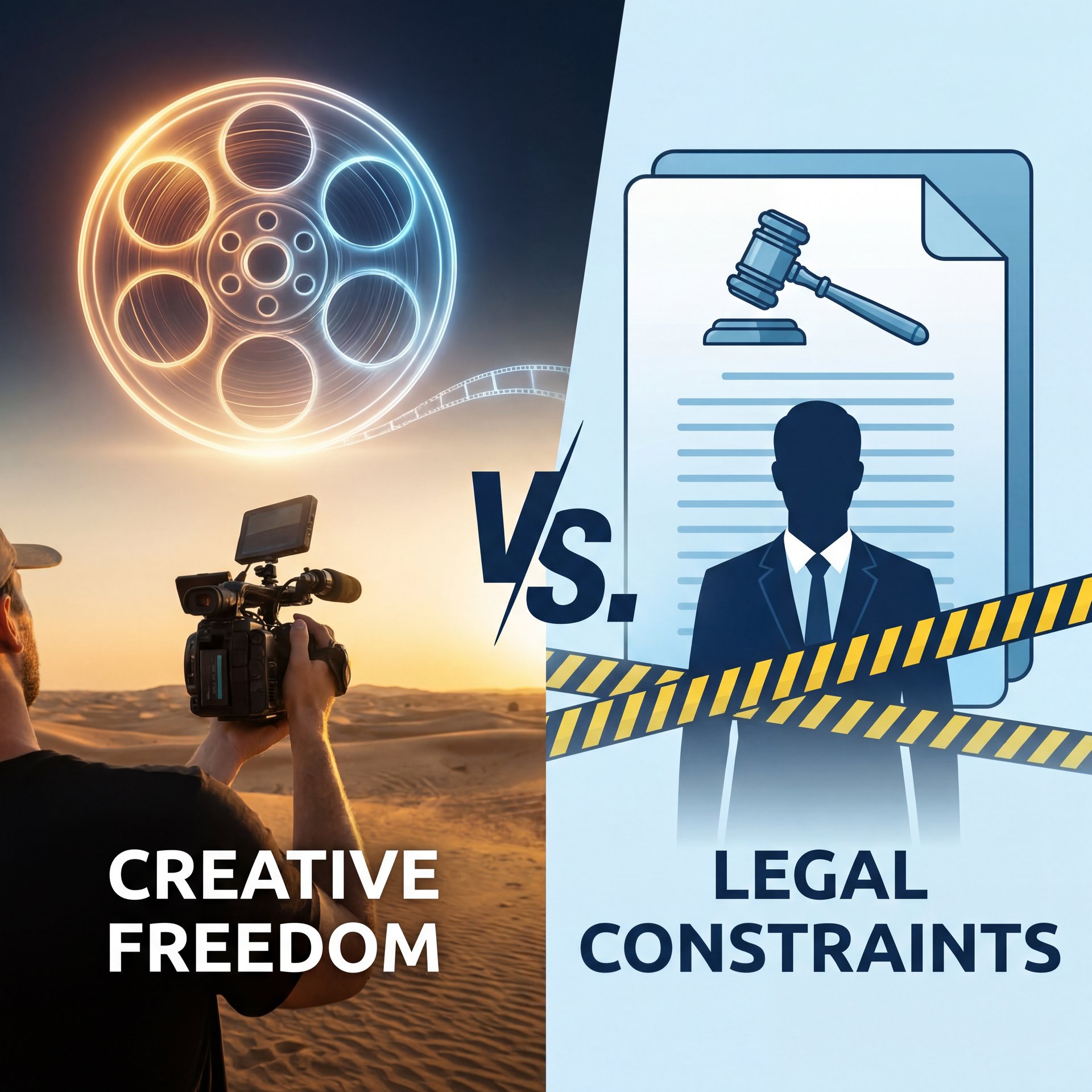 Illustration showing Sora Cinematic Prompts vs. Legal Risks (yes, really)