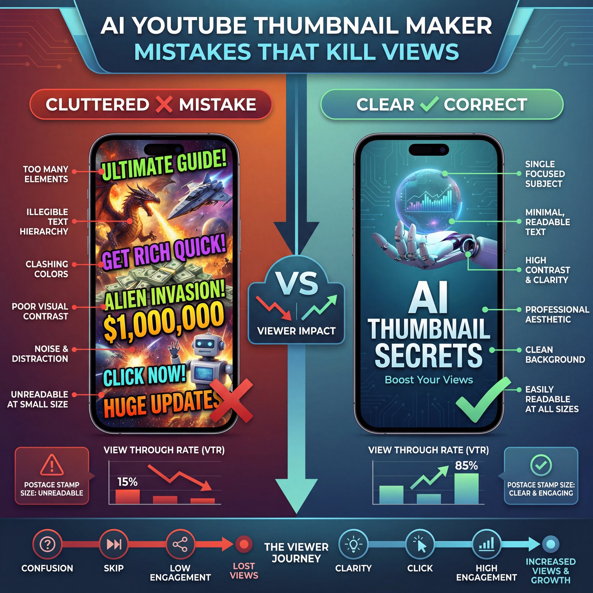 Illustration showing AI YouTube Thumbnail Maker Mistakes That Kill Views