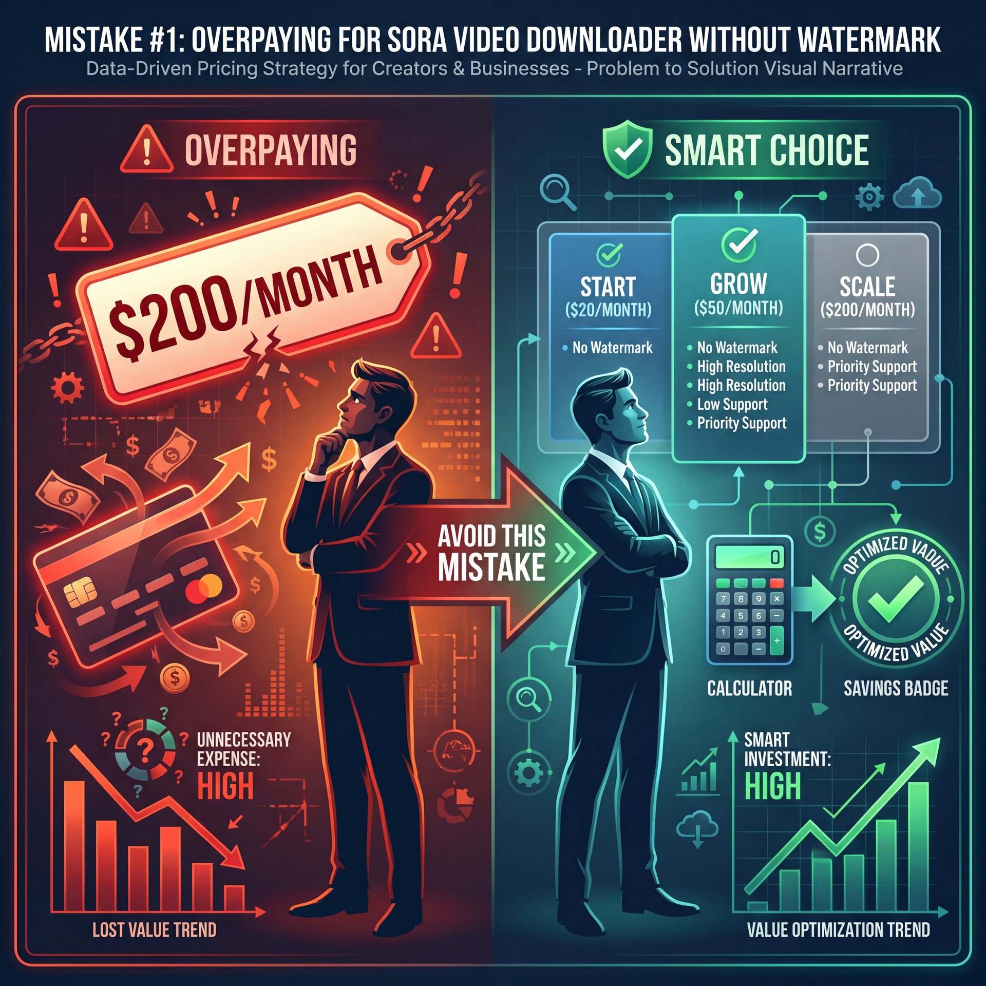 Illustration showing Mistake #1: Overpaying for Sora Video Downloader Without Watermark