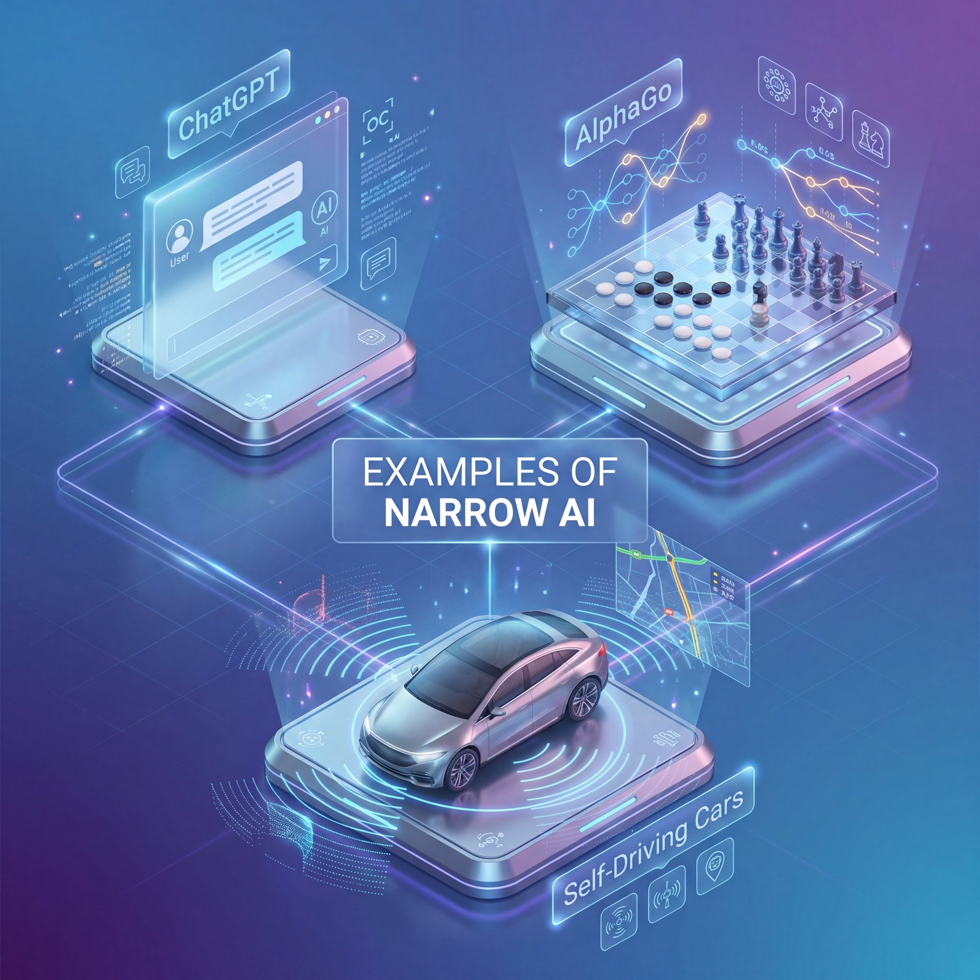 Illustration showing What Is Narrow AI? ChatGPT, AlphaGo, Self-Driving Cars Explained