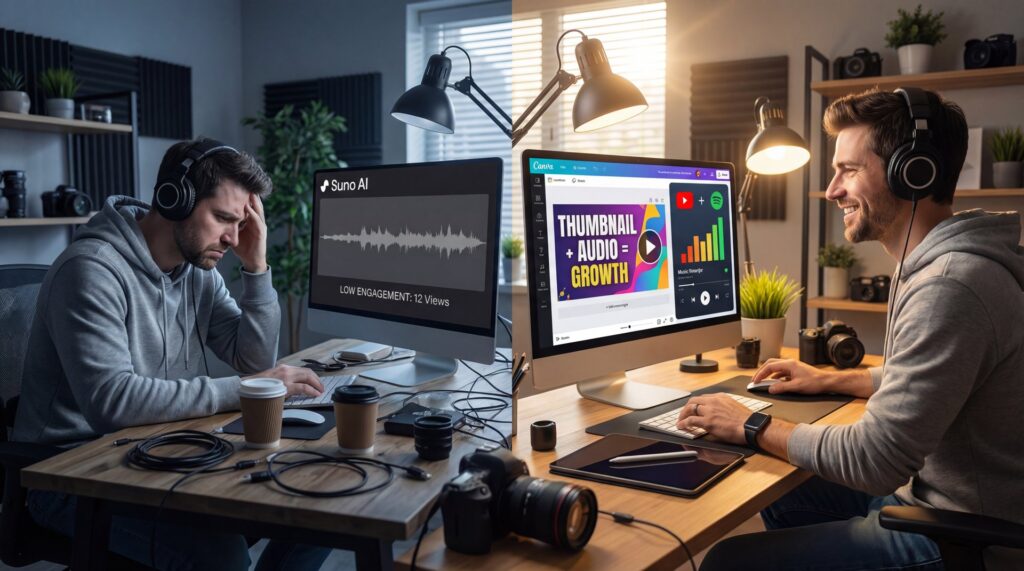 Why Your Suno AI Audio Fails & How to Fix It - AI music generation, thumbnail click-through rate, Spotify Canvas engagement guide