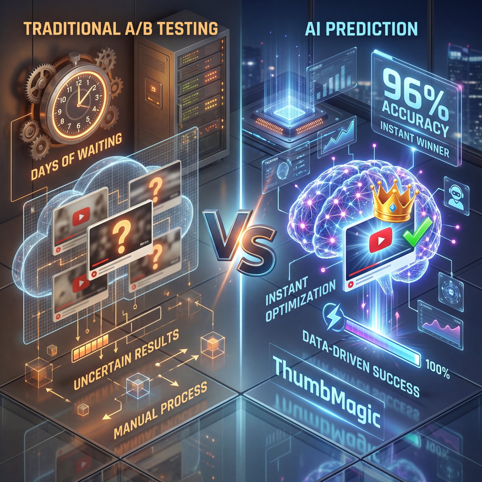 Illustration showing YouTube Thumbnail A/B Testing vs. AI Prediction
