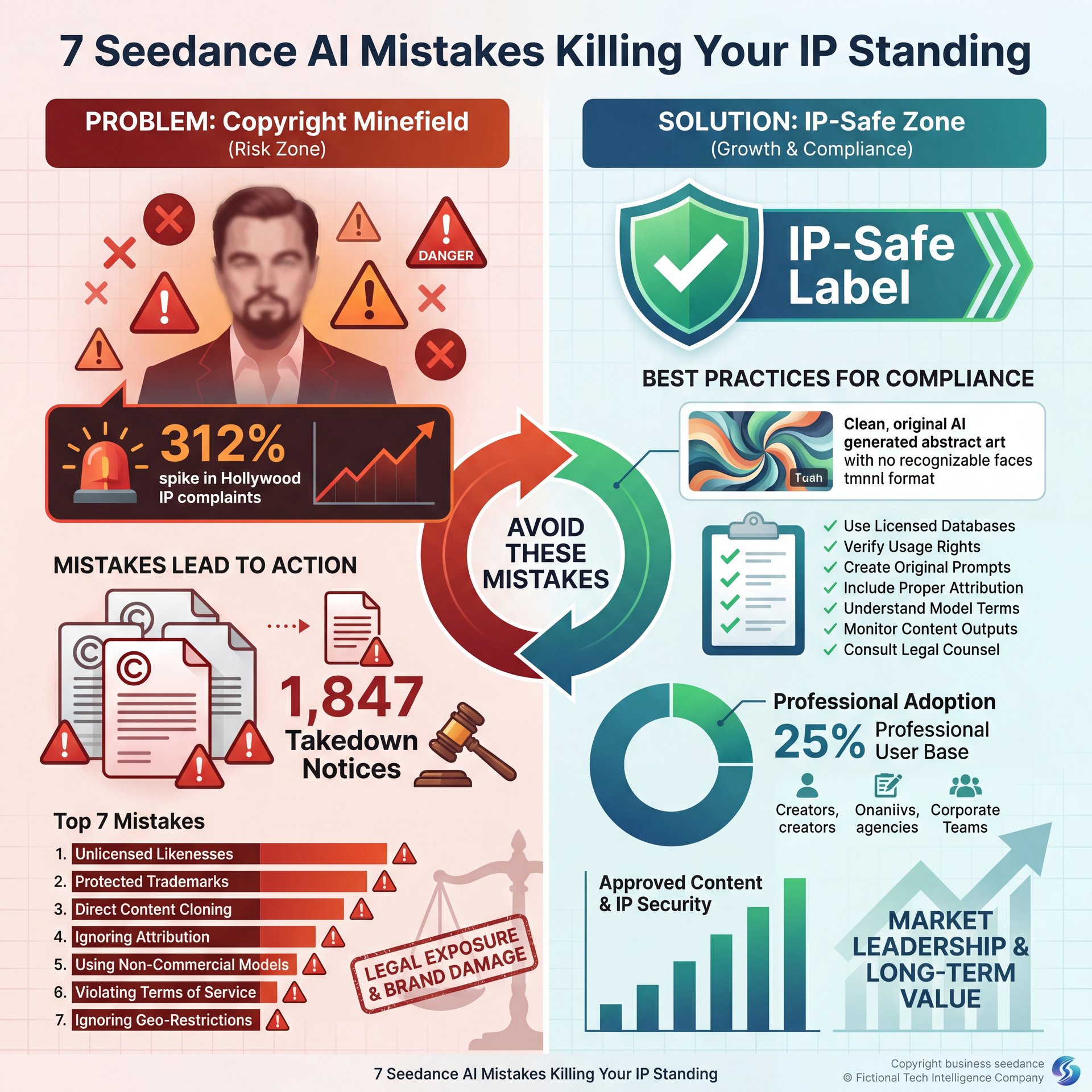 Illustration showing 7 Seedance AI Mistakes Killing Your IP Standing
