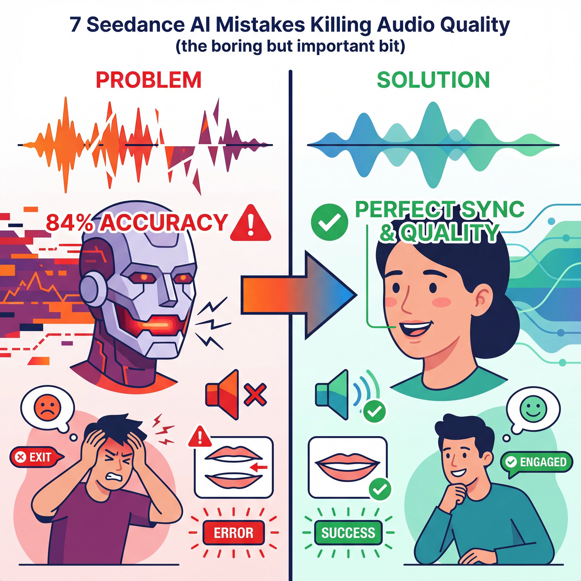 Illustration showing 7 Seedance AI Mistakes Killing Audio Quality (the boring but important bit)