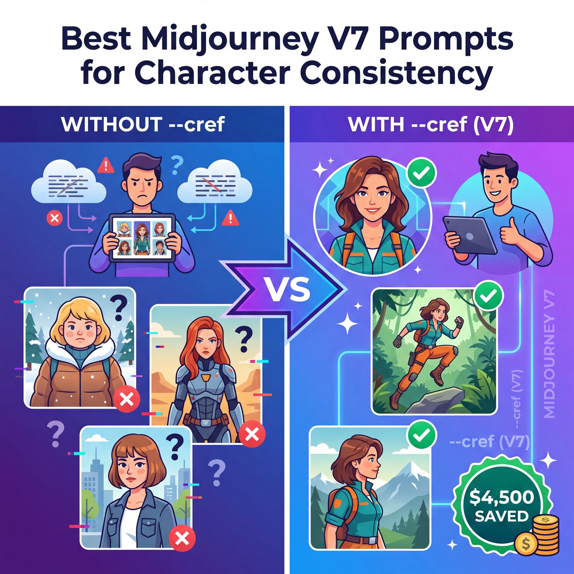 Illustration showing Best Midjourney V7 Prompts for Character Consistency