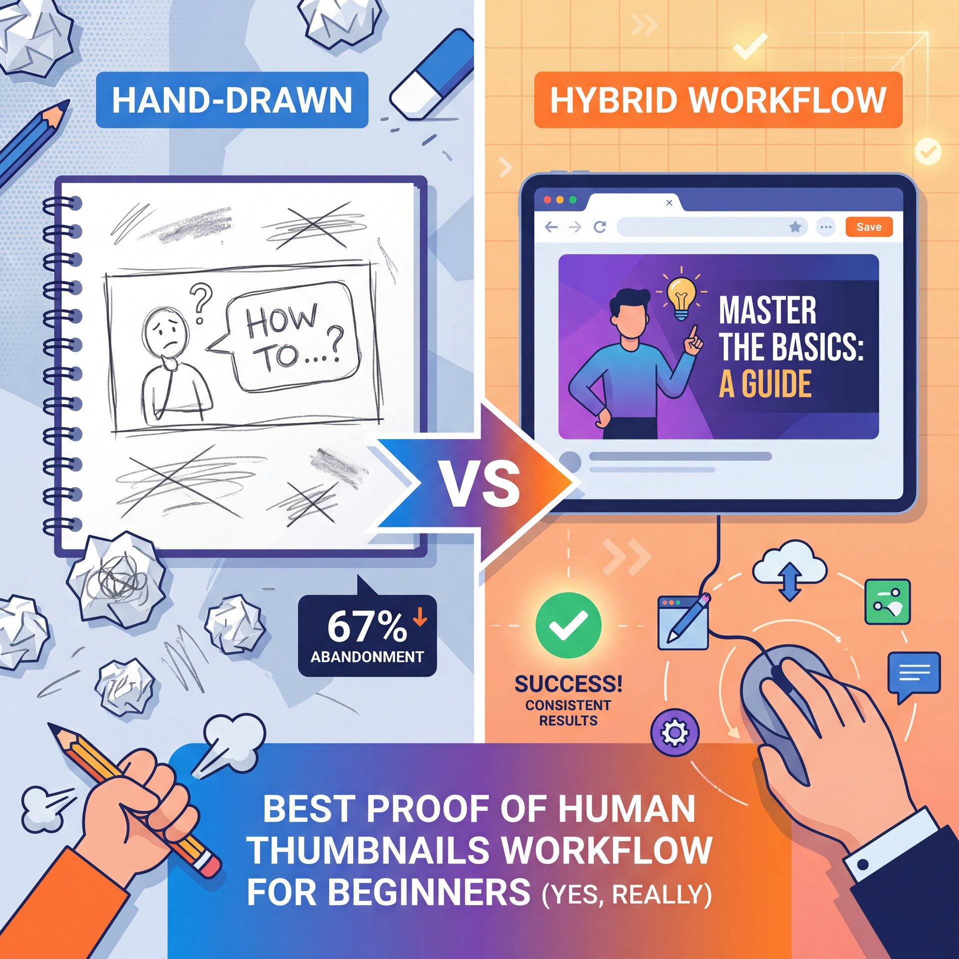 Illustration showing Best Proof of Human Thumbnails Workflow for Beginners (yes, really)
