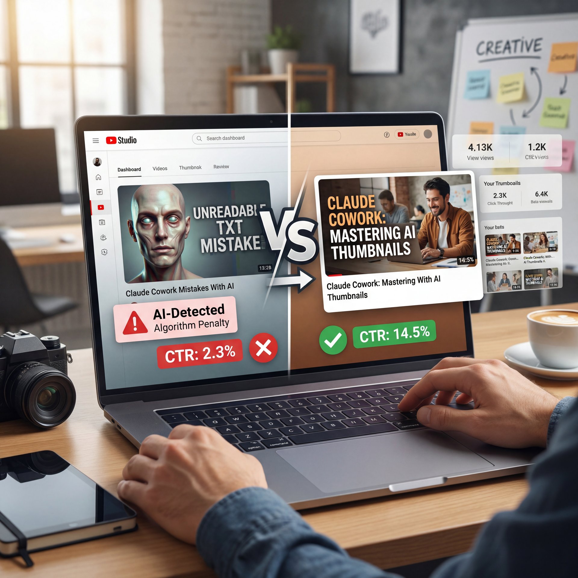 Illustration showing Claude Cowork Mistakes With AI YouTube Thumbnails