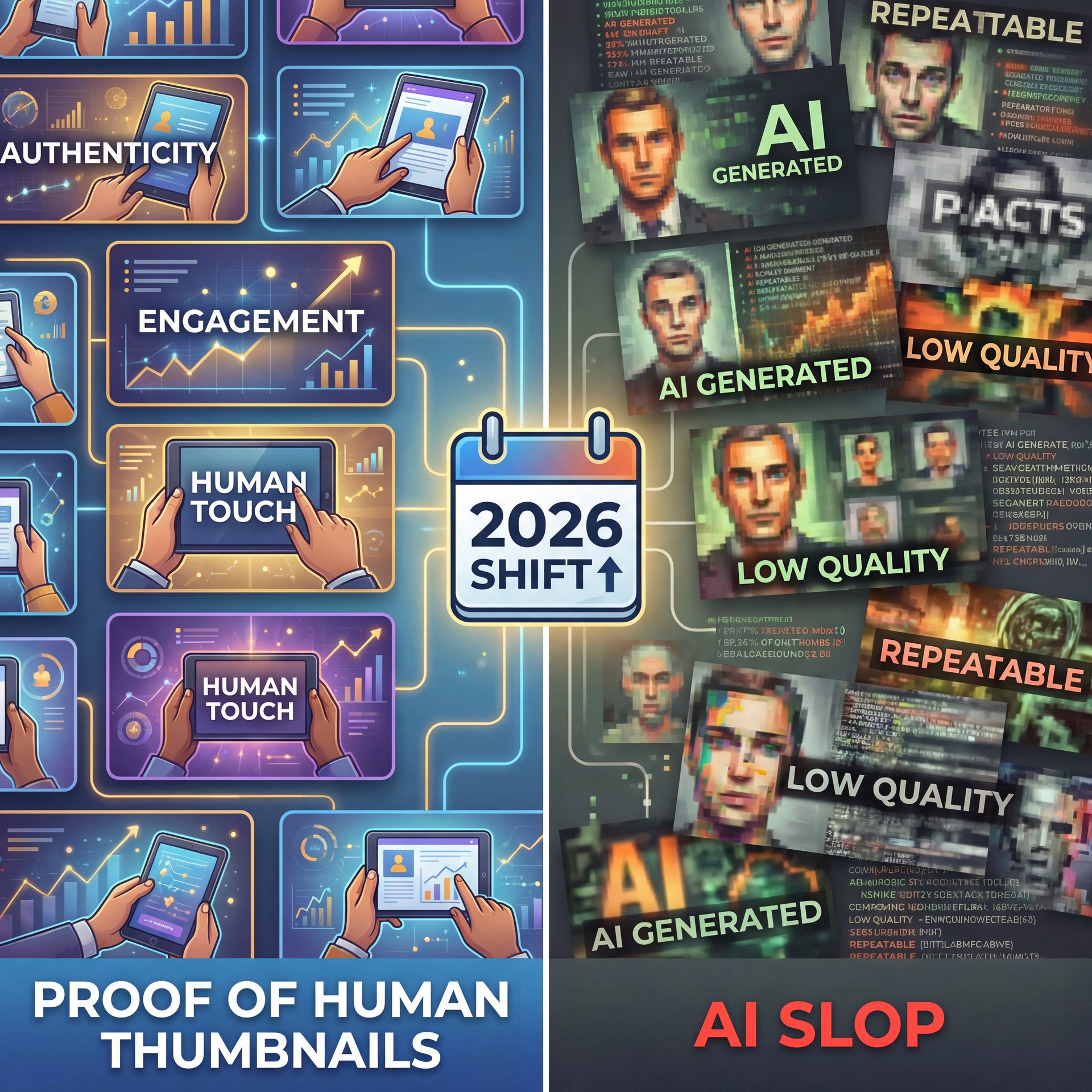 Illustration showing Proof of Human Thumbnails vs AI Slop: The 2026 Shift