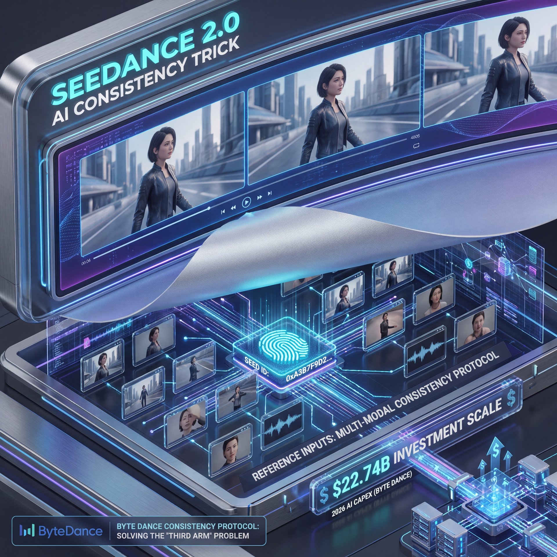 Illustration showing What Is The Seedance 2.0 AI Consistency Trick?If you have tried making AI videos recently, you know the pain β and you get one good frame. Then the next second, your character grows a third arm. it's frustrating. But ByteDance knew this was a massive problem. In fact, they planned a massive $22.74 billion AI capex investment in 2026, funded with over $50 billion in 2025 profits. Because of that massive cash flow, they built something called the Consistency Protocol.