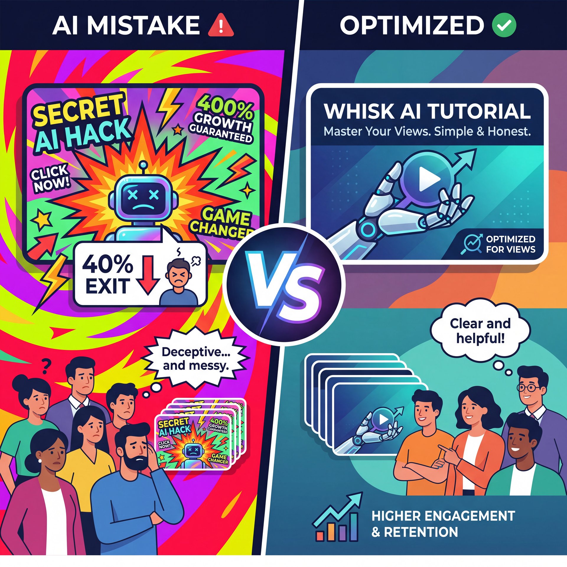 Illustration showing Whisk AI Mistakes That Will Tank Your Views
