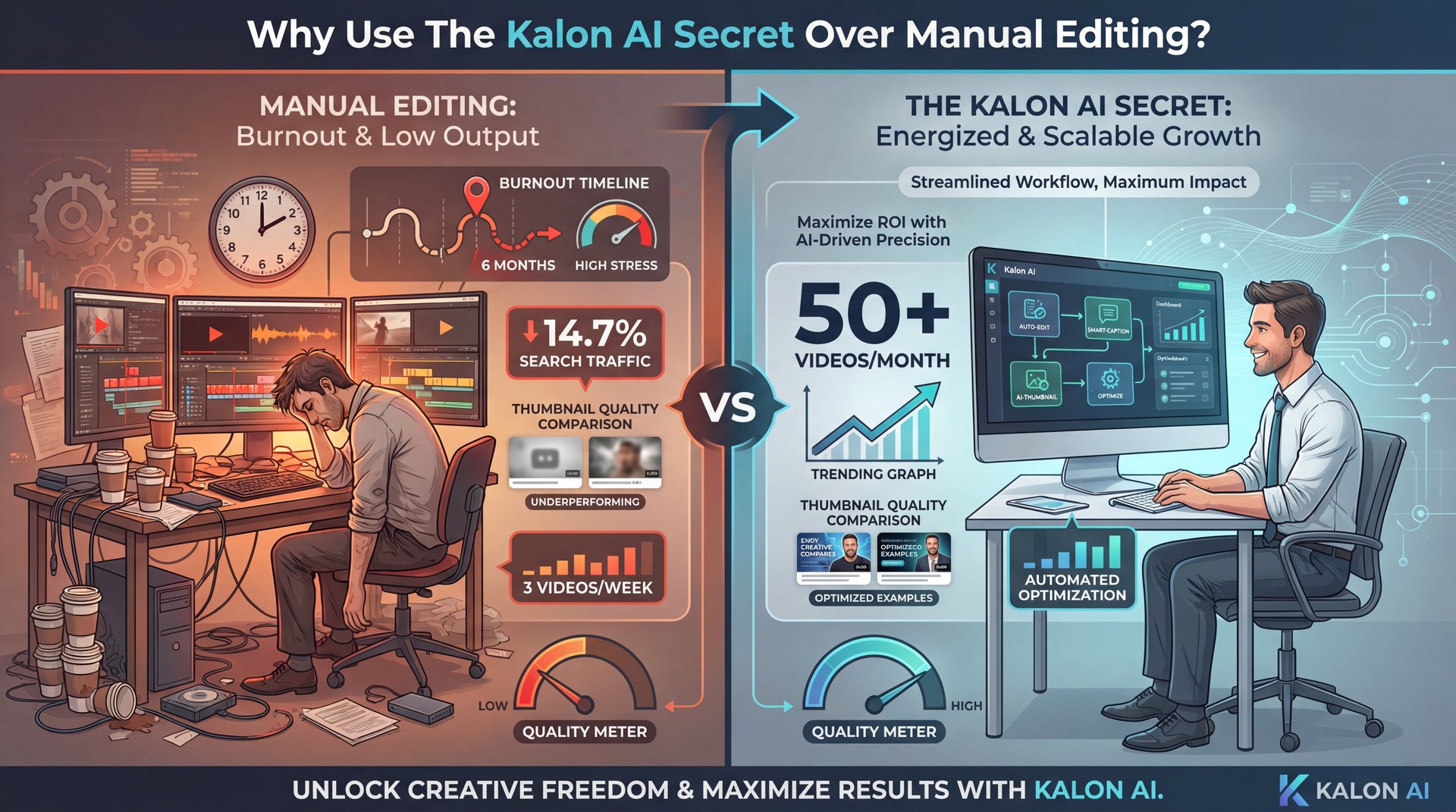 Illustration showing Why Use The Kalon AI Secret Over Manual Editing?