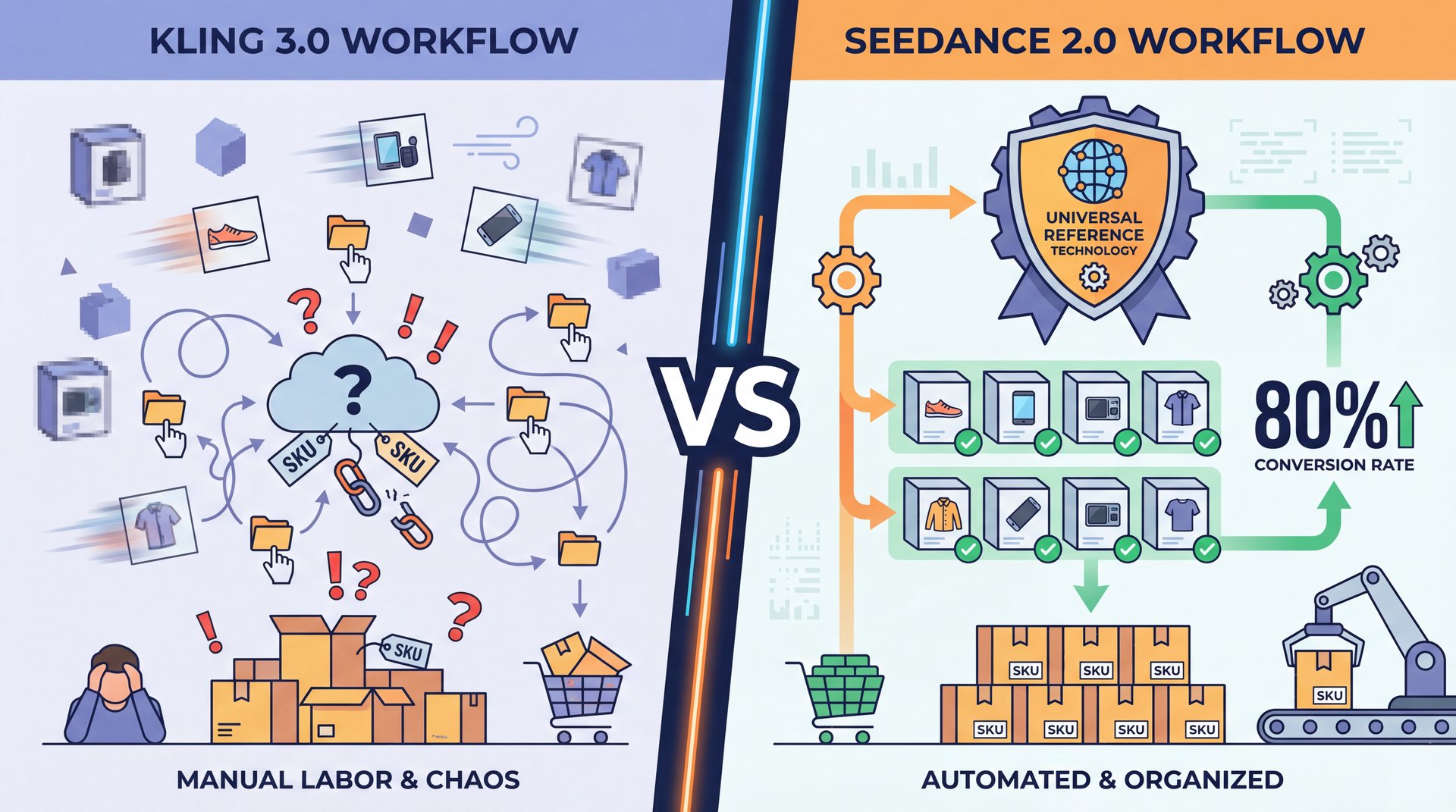 Illustration showing Best kling 3.0 vs seedance 2.0 Workflows for E-Commerce