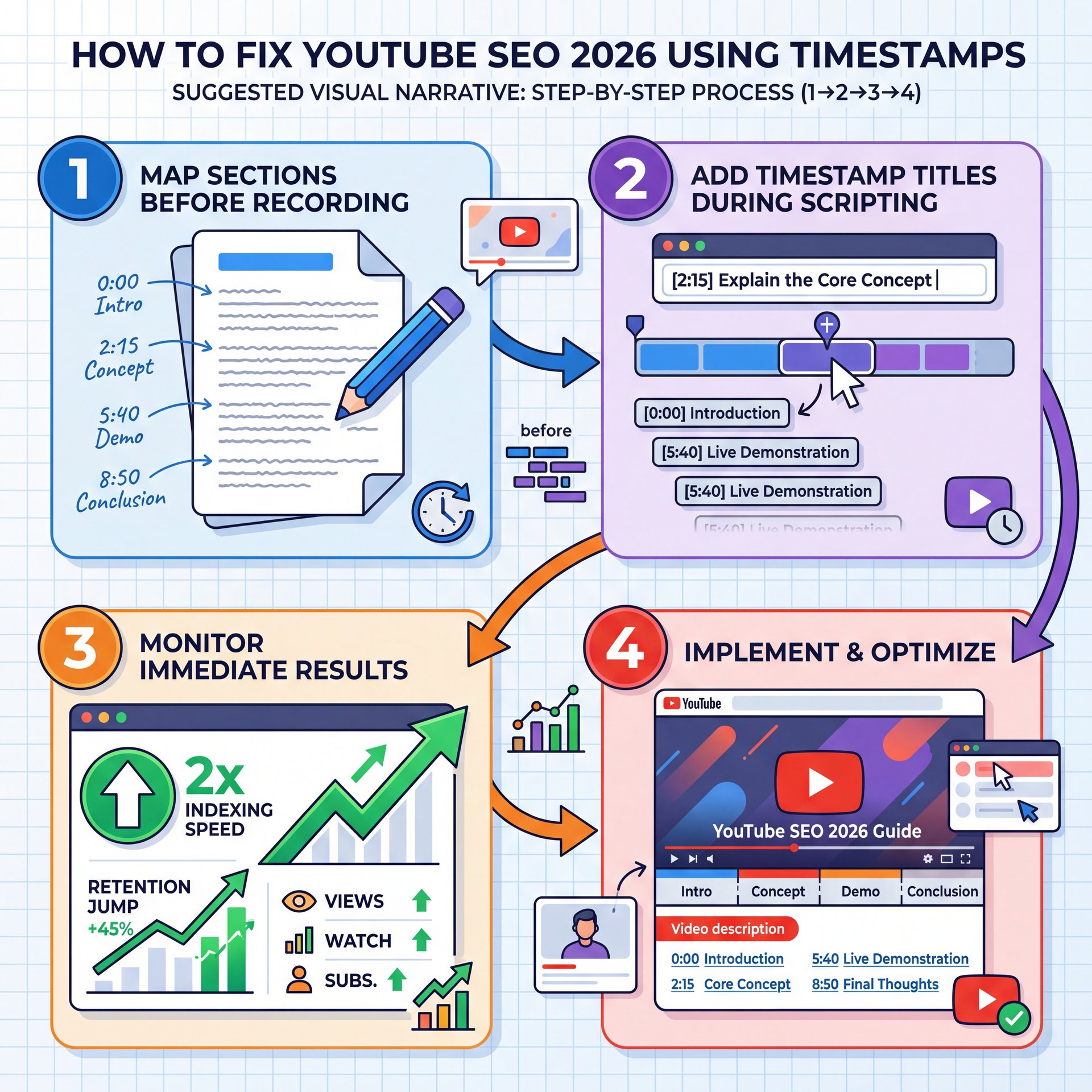 Illustration showing How to Fix YouTube SEO 2026 Using Timestamps