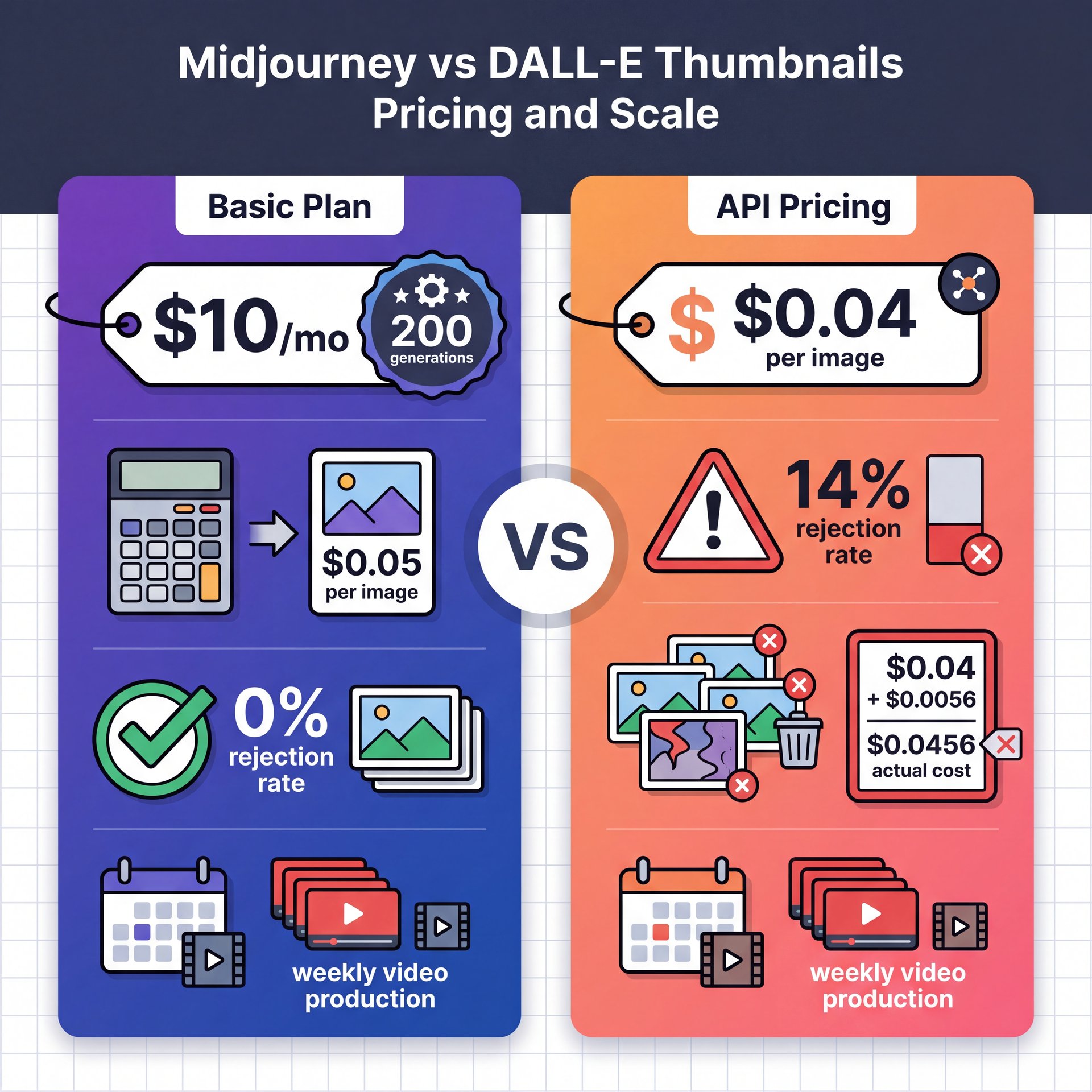 Illustration showing Midjourney vs DALL-E Thumbnails Pricing and Scale