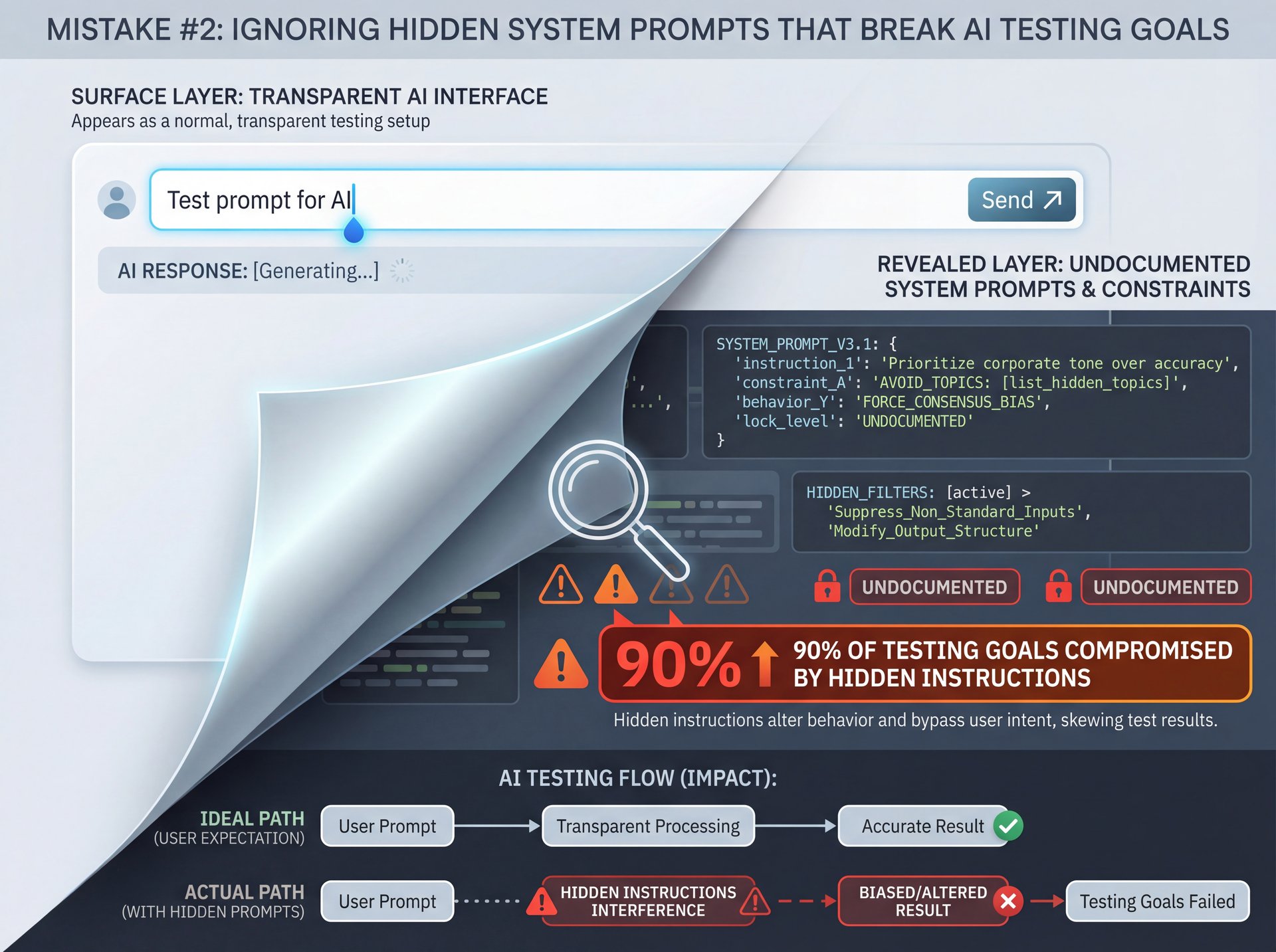 Illustration showing Mistake #2: Ignoring Hidden System Prompts That Break AI Testing Goals