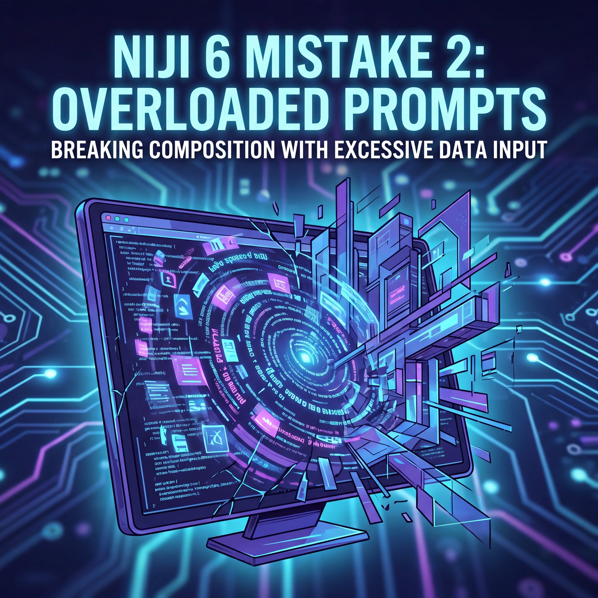 Illustration showing Niji 6 Mistake 2: Writing Overloaded Prompts That Break Composition