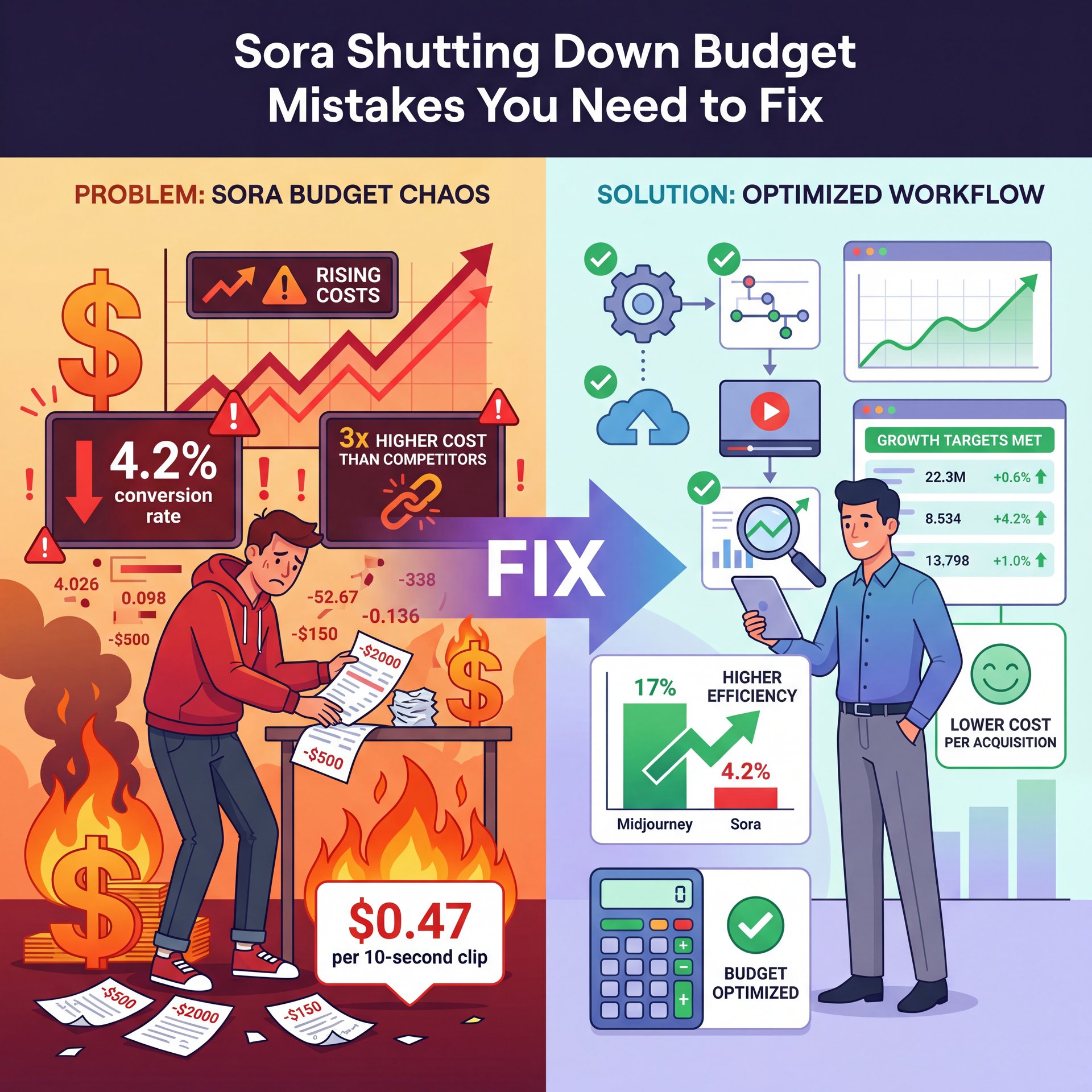 Illustration showing Sora Shutting Down Budget Mistakes You Need to Fix