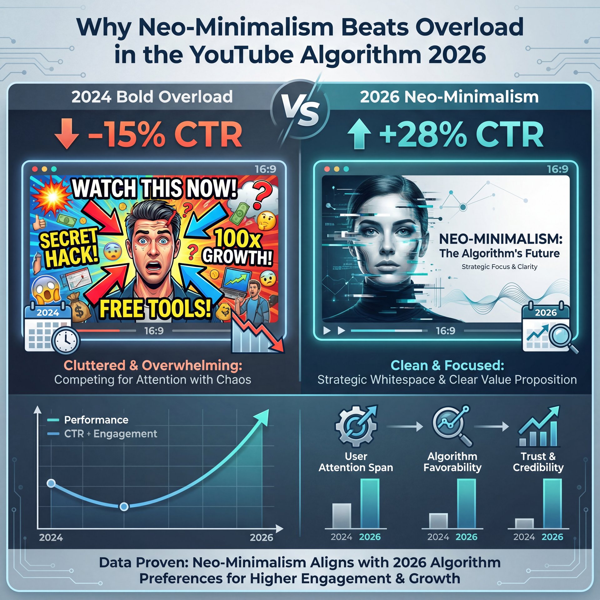 Illustration showing Why Neo-Minimalism Beats Overload in the YouTube Algorithm 2026