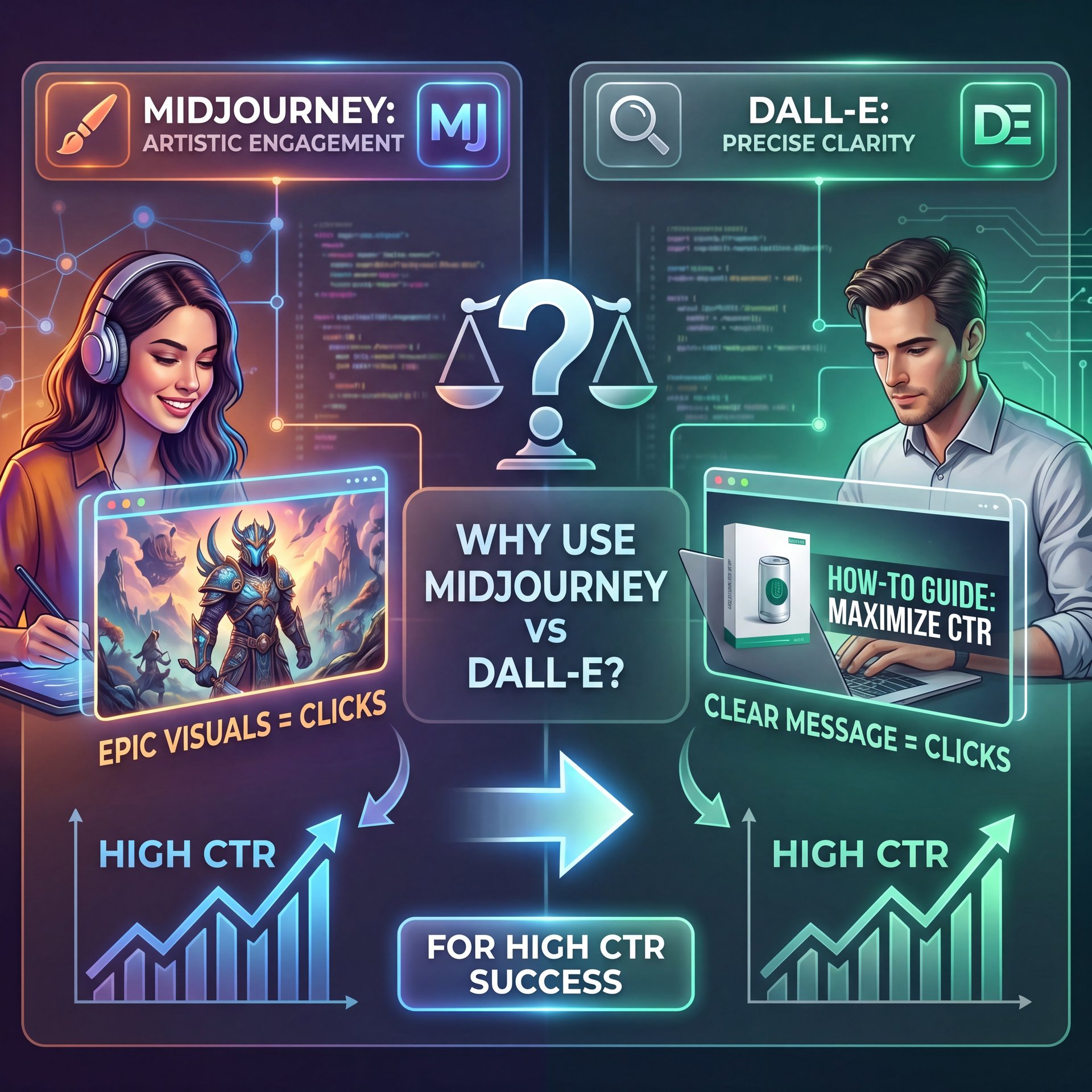 Illustration showing Why Use Midjourney vs DALL-E Thumbnails for High CTR?