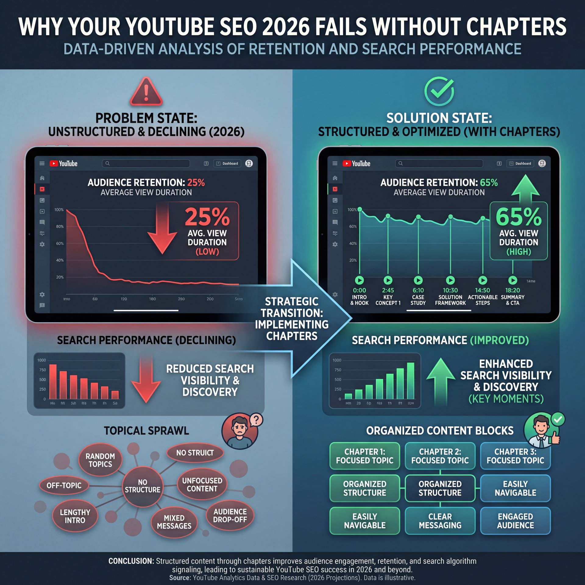 Illustration showing Why Your YouTube SEO 2026 Fails Without Chapters